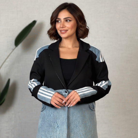 Veste bicolore noir et denim à détails rayés