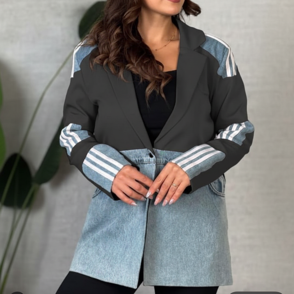 Veste bicolore noir et denim à détails rayés – Image 3